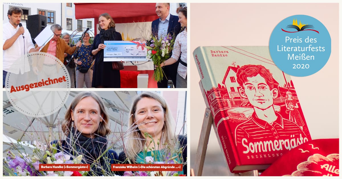 Barbara Handke erhält den Preis des Literaturfests Meißen aus den Händen des ehemaligen Bundesinnenministers Thomas de Mazière
